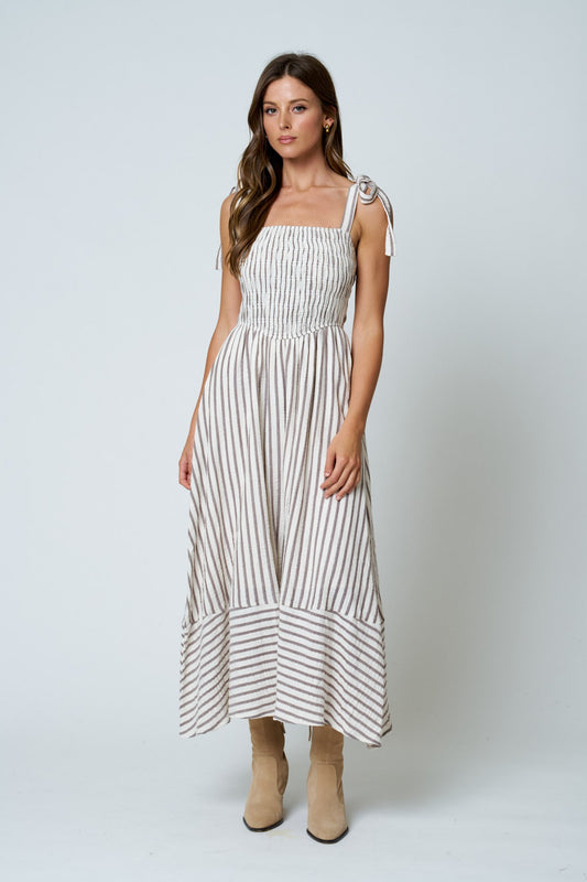Brown Stripe Smocked Tie Strap Maxi Dress