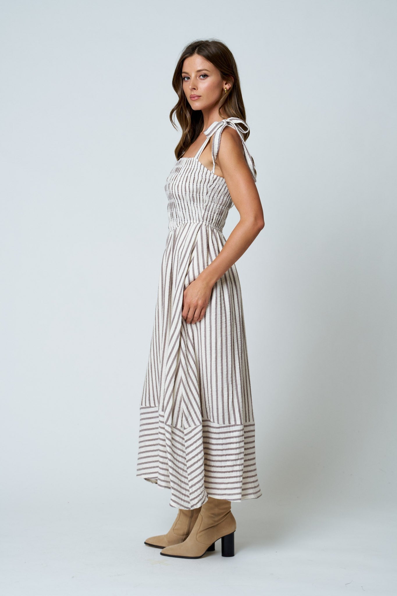 Brown Stripe Smocked Tie Strap Maxi Dress