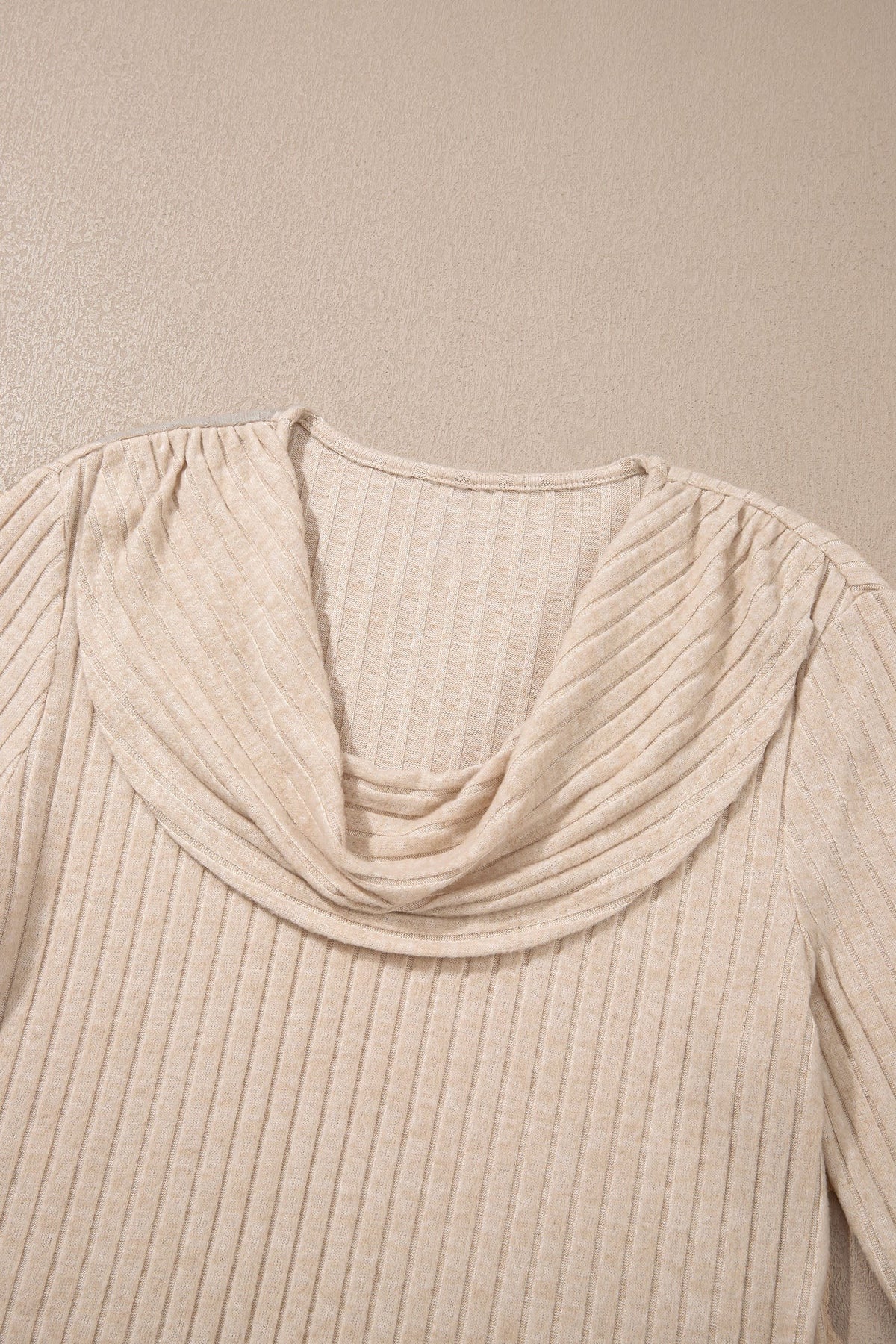 Solid Oatmeal Ribbed Knit Cowl Neck Long Sleeve Top