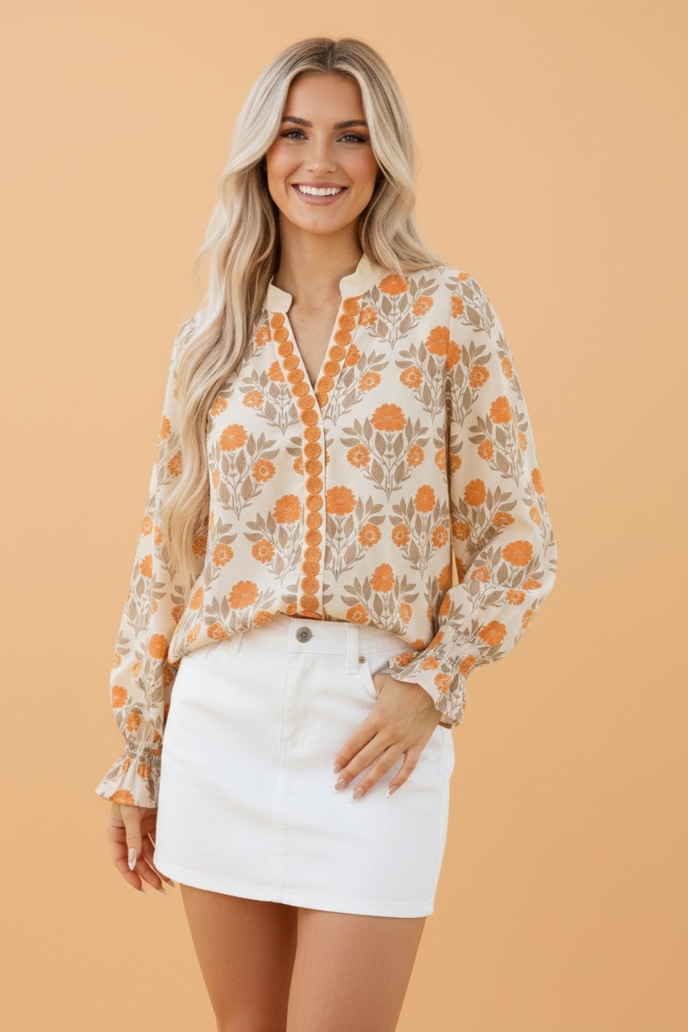 Orange Floral Contrast V-neck Long Sleeve Blouse