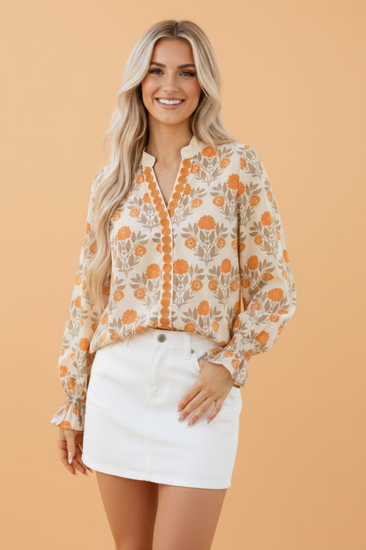 Orange Floral Contrast V-neck Long Sleeve Blouse
