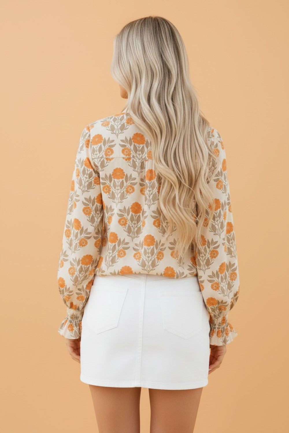 Orange Floral Contrast V-neck Long Sleeve Blouse