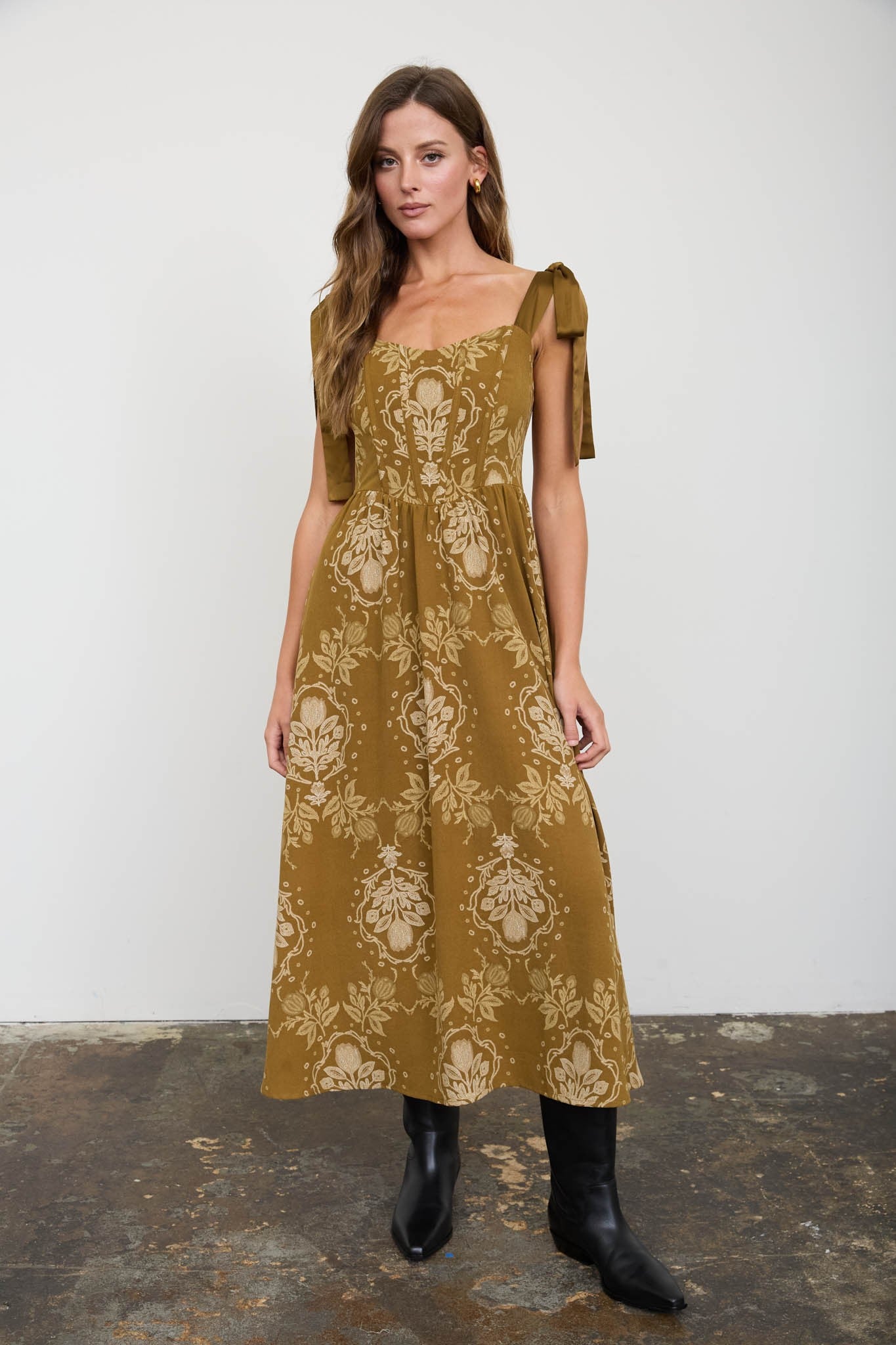 Dark Olive Medallion Pattern Tie Strap Midi Dress