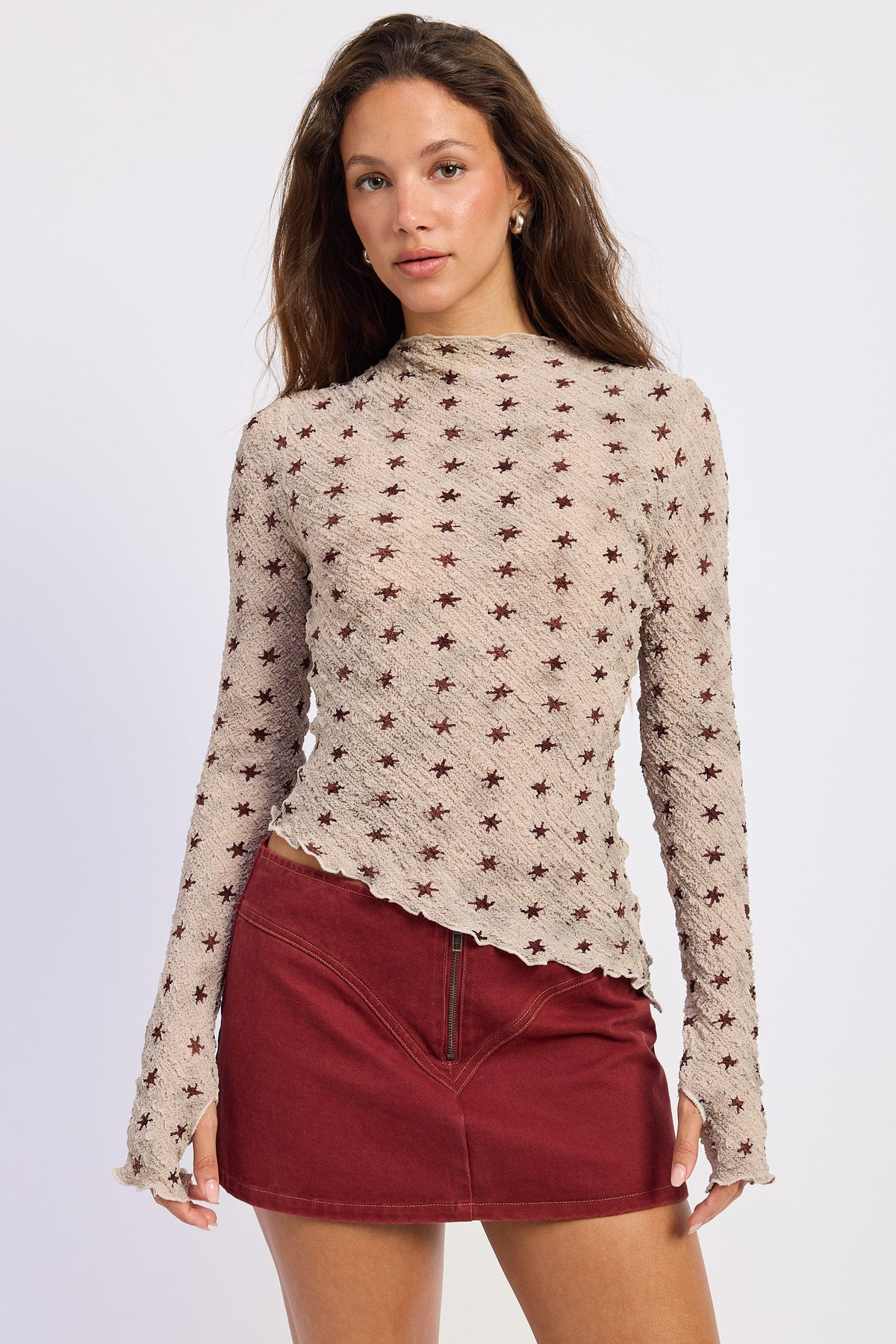 Beige Asymmetrical Long Sleeve Top With Star Pattern