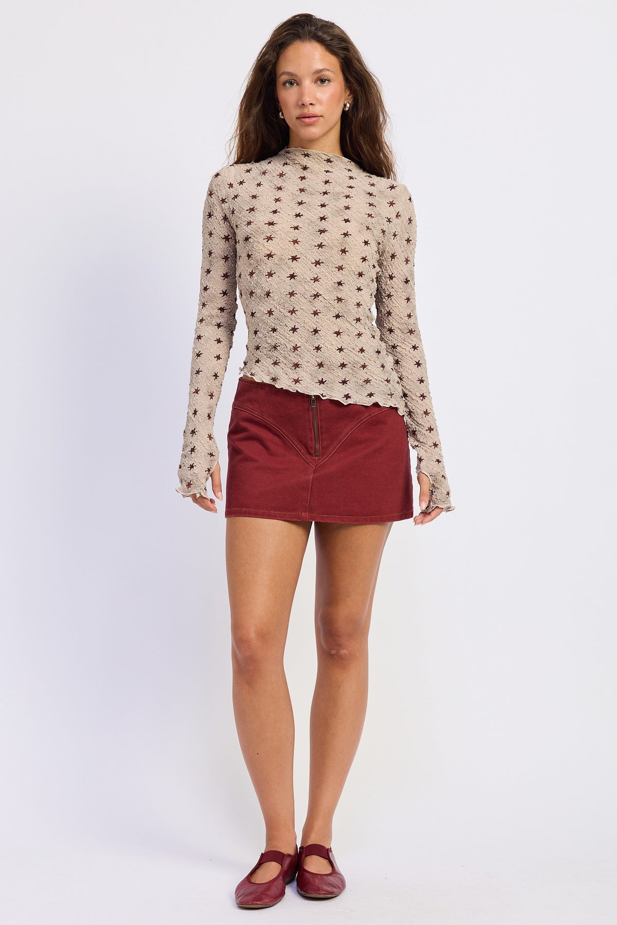 Beige Asymmetrical Long Sleeve Top With Star Pattern