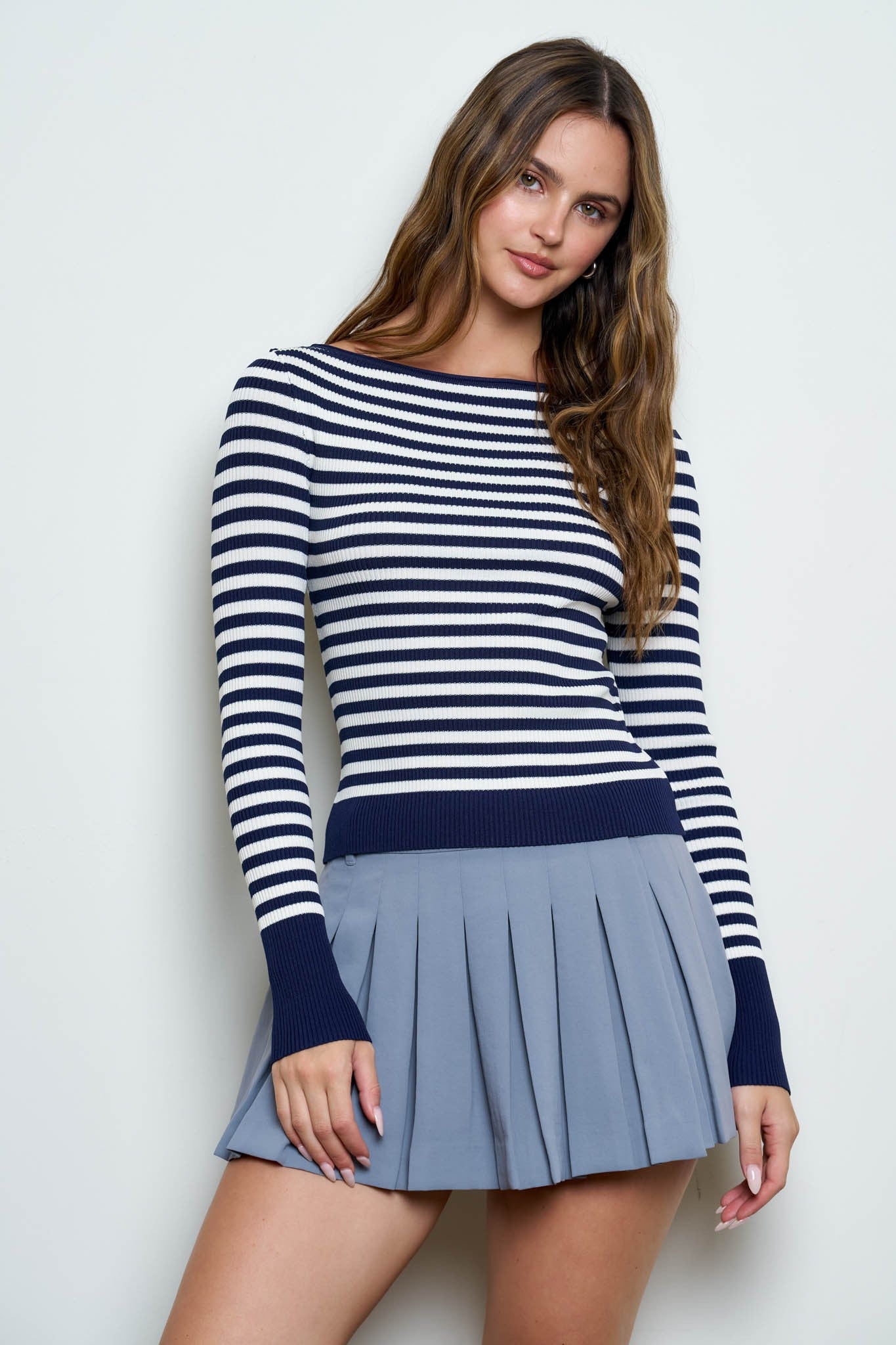 Navy Stripe Ribbed Long Sleeve Sweater Top