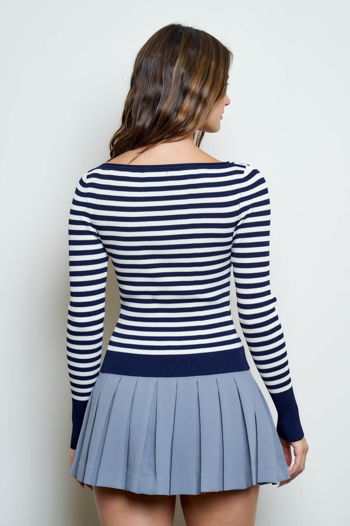 Navy Stripe Ribbed Long Sleeve Sweater Top