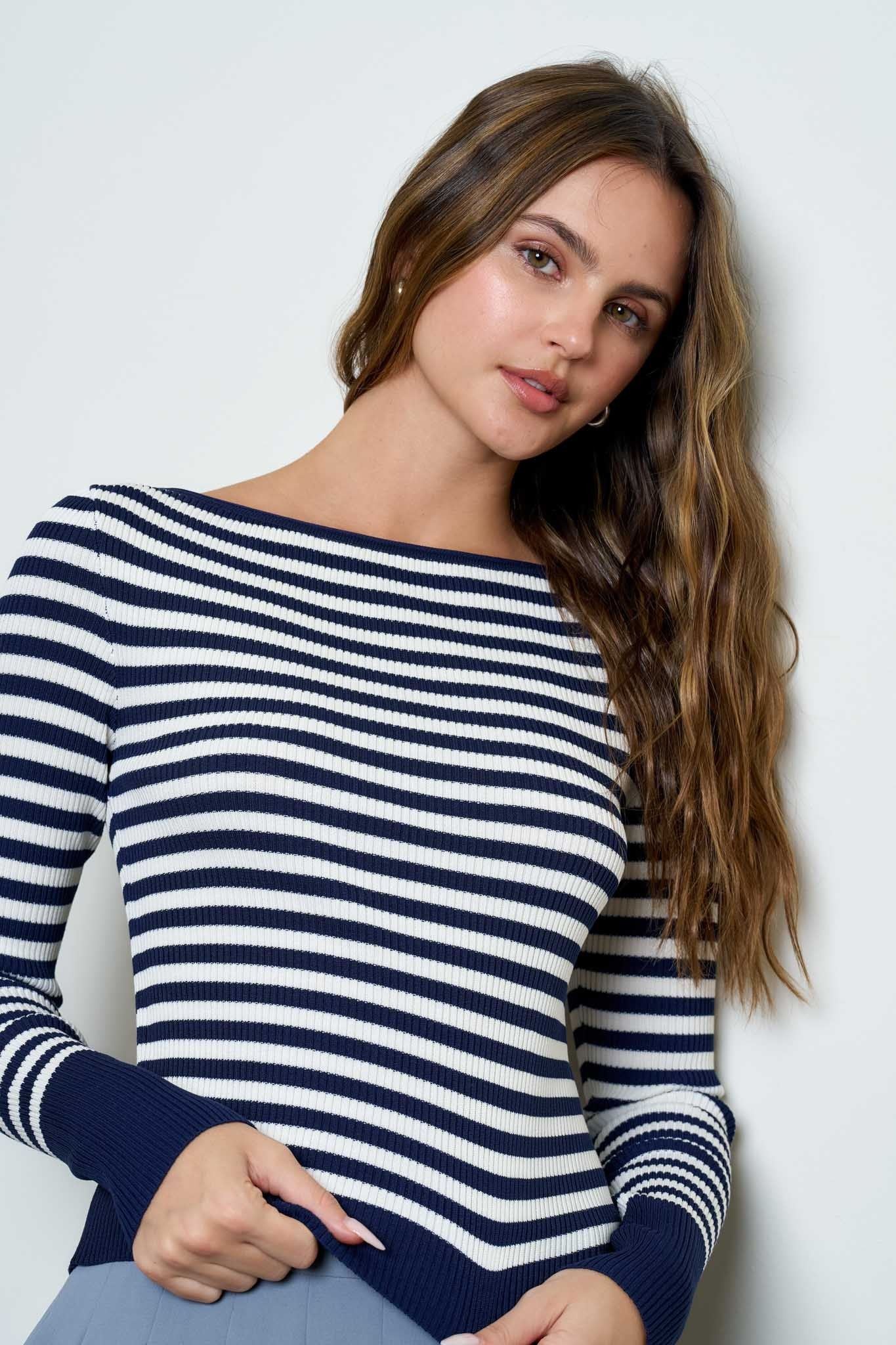 Navy Stripe Ribbed Long Sleeve Sweater Top
