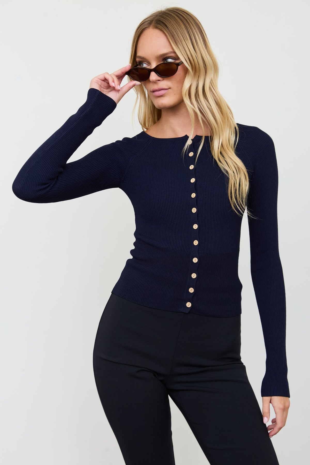 Ribbed Raglan Button Down Knit Cardigan