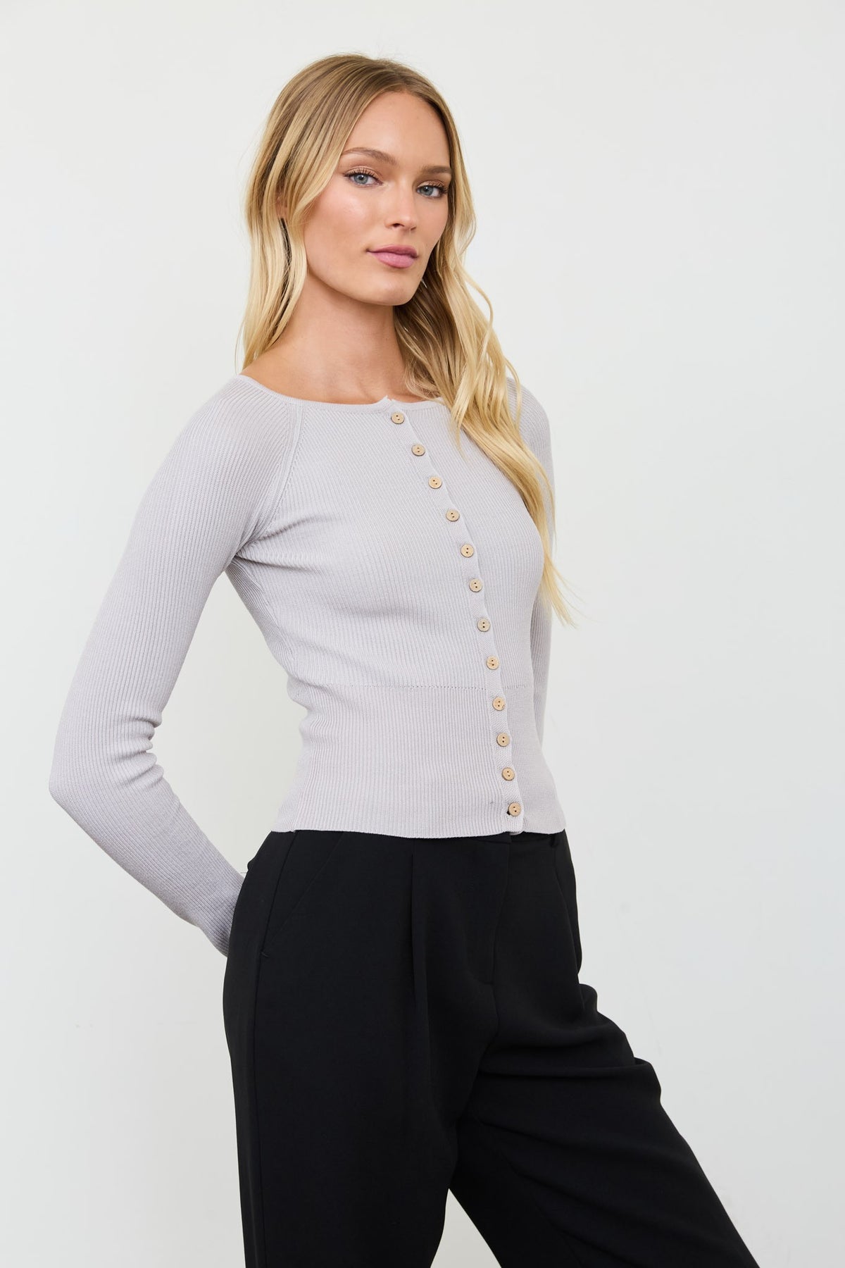 Ribbed Raglan Button Down Knit Cardigan