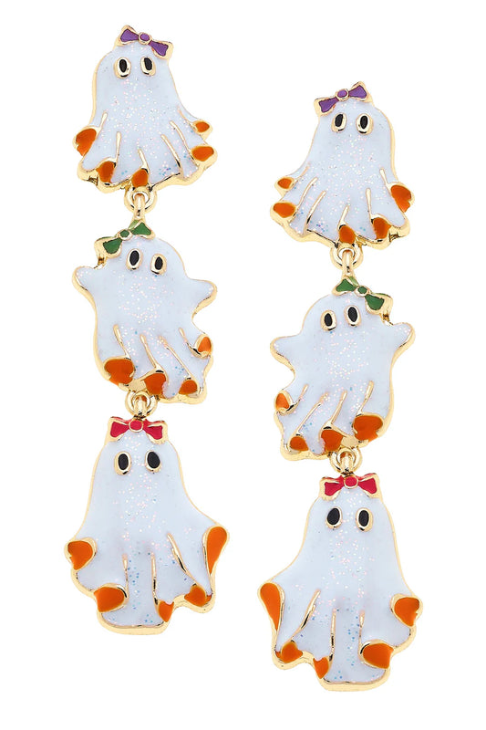 Halloween Linked Enamel Ghost Earrings in White