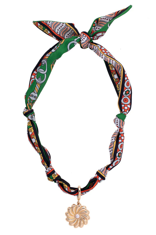 Gertrude Pearl Flower Scarf Necklace in Green/Black/Orange