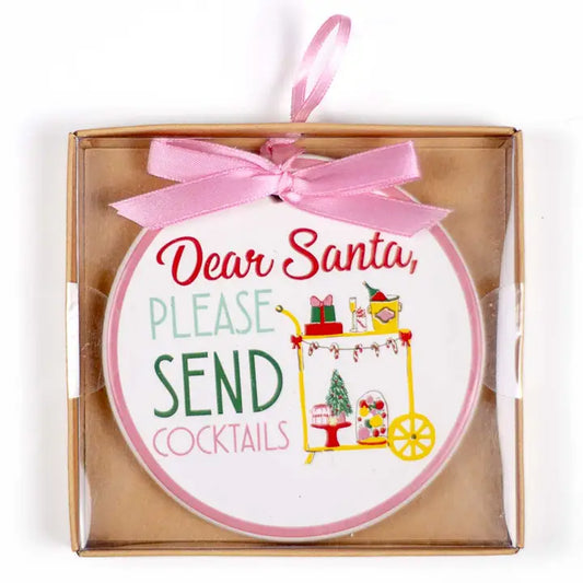 White/Pink Santa Send Cocktails Round 4" Ornament