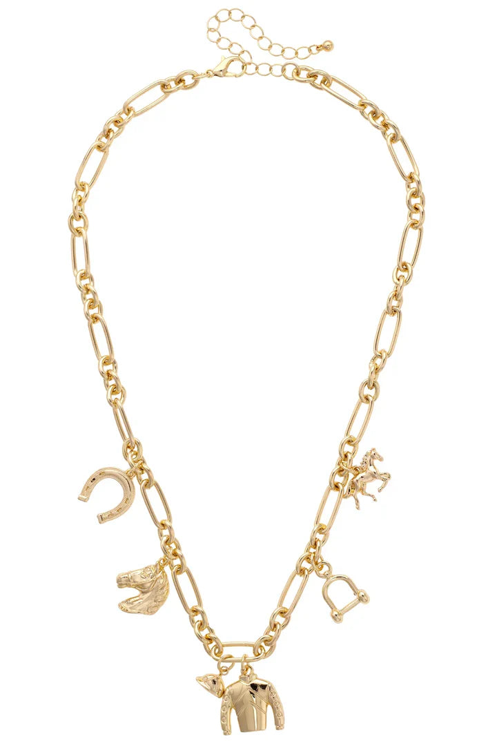 Blazing Saddles Equestrian Charm Necklace in Shiny Gold
