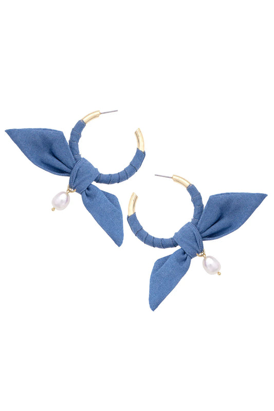 Corbin Denim Wrapped Pearl Hoop Earrings