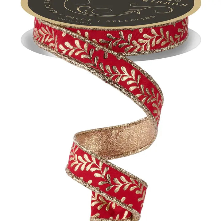 Red & Gold Leaf Garland Ribbon