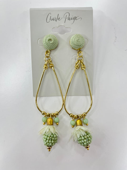 Gold Teardrop Dangle Earrings With Sage Bead Detail