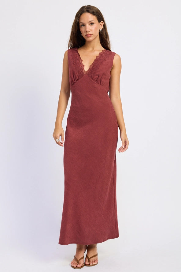 Emory Park V Neck Lace Trim Midi Dress- Mahogany