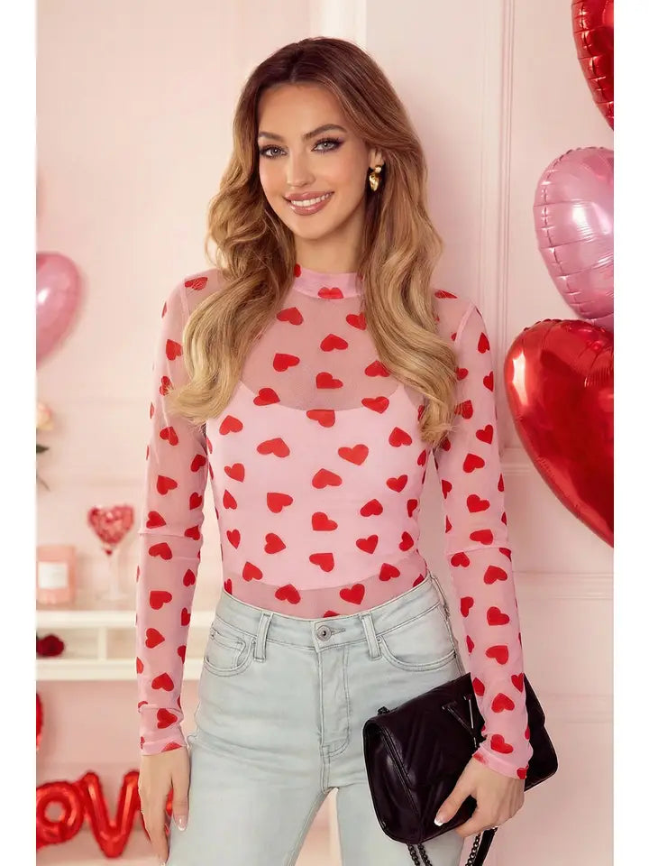 Valentines Heart Sheer Mock Neck Mesh Top