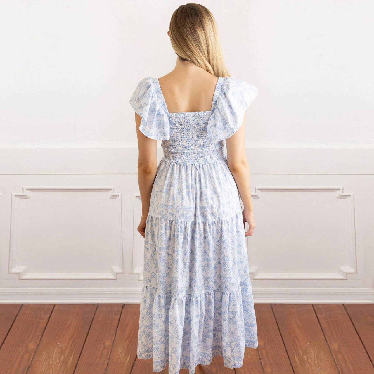 French Rose Smocked Flutter Sleeve Dress