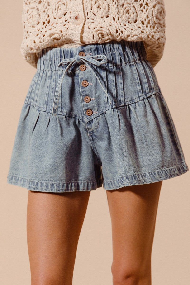 Flared Denim Button Fly Shorts With Elastic Drawstring Waist