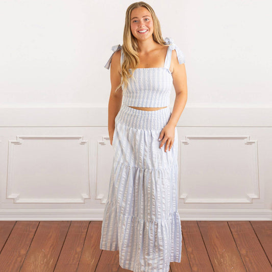 Blue & White Textured Stripe Smocked Tie Top & Skirt Set