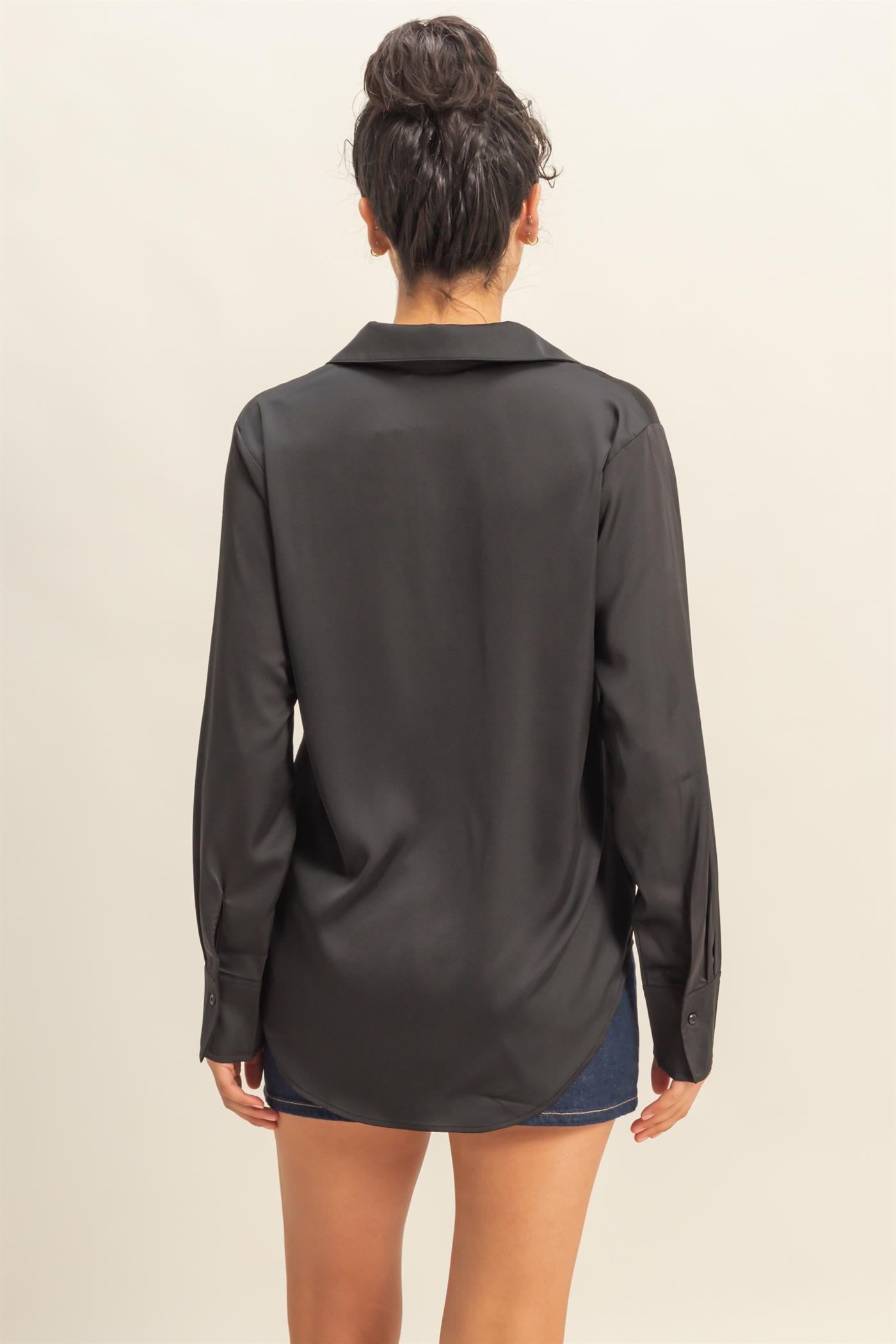 Button-up Satin Shirt With Collared Neckline