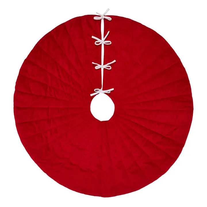 Quilted Red Velvet Tree Skirt with White Bow Ties