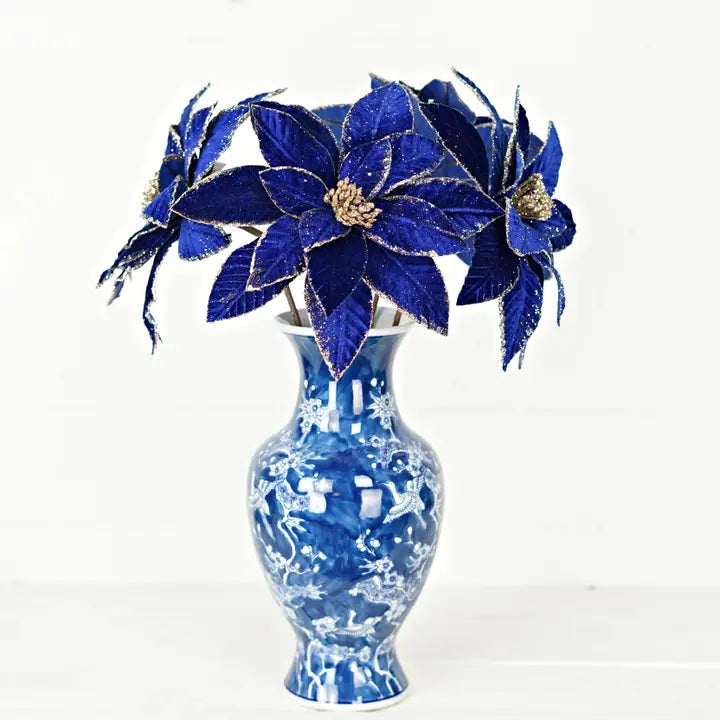 Royal Blue Fine Velvet Poinsettia W Glitter Edges