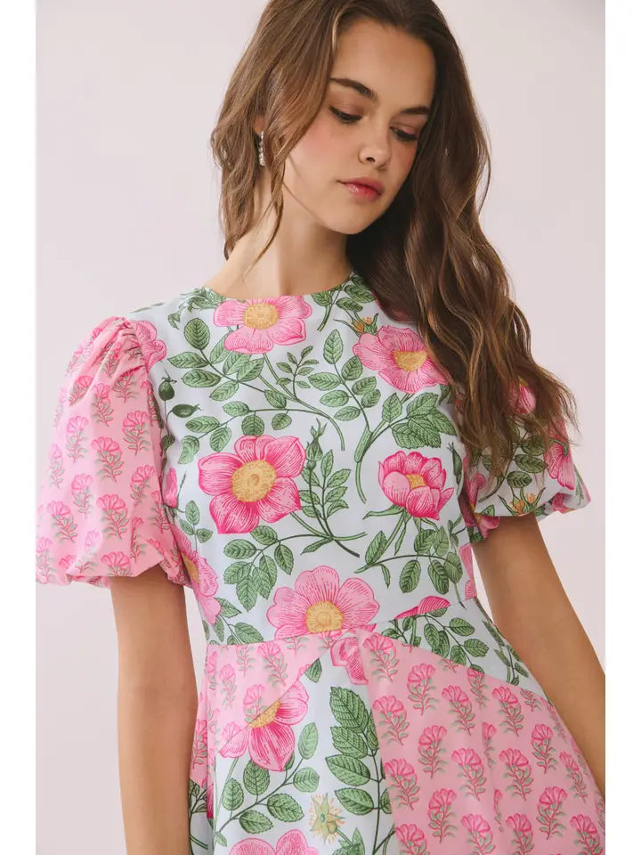 Pink Floral Pattern Midi Dress