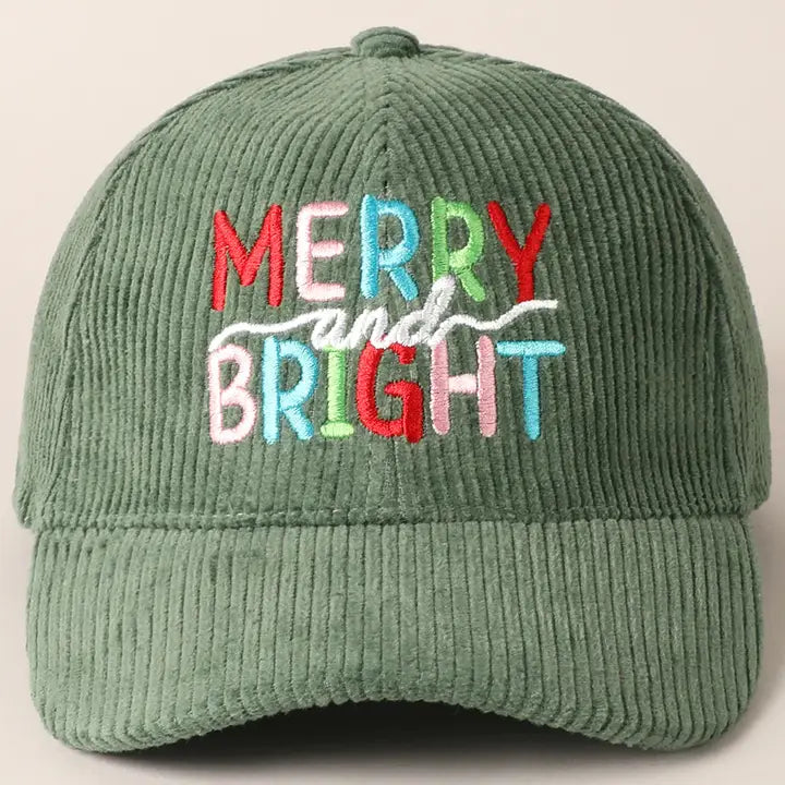 Merry & Bright Embroidery Sage Green Corduroy Cap