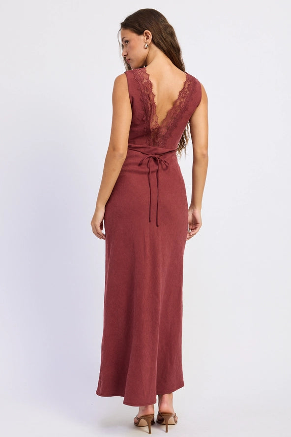 Emory Park V Neck Lace Trim Midi Dress- Mahogany