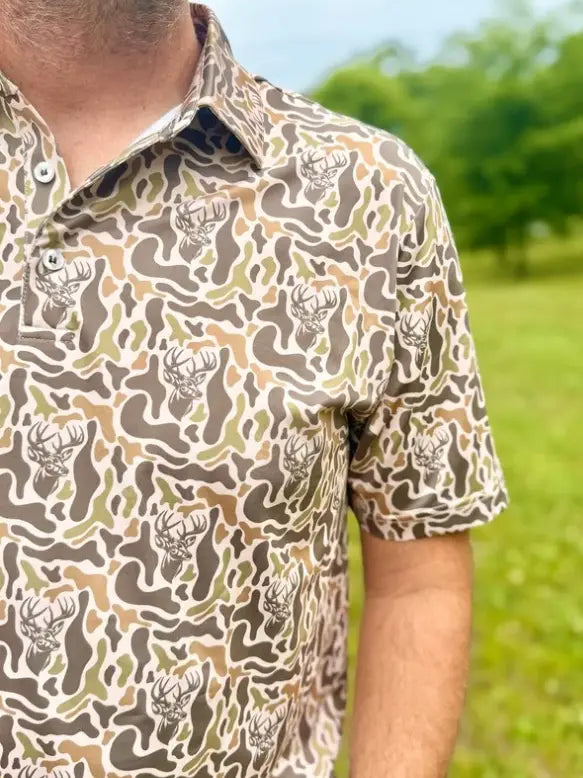 Happy Threads Men's Performance Camo Deer Polo