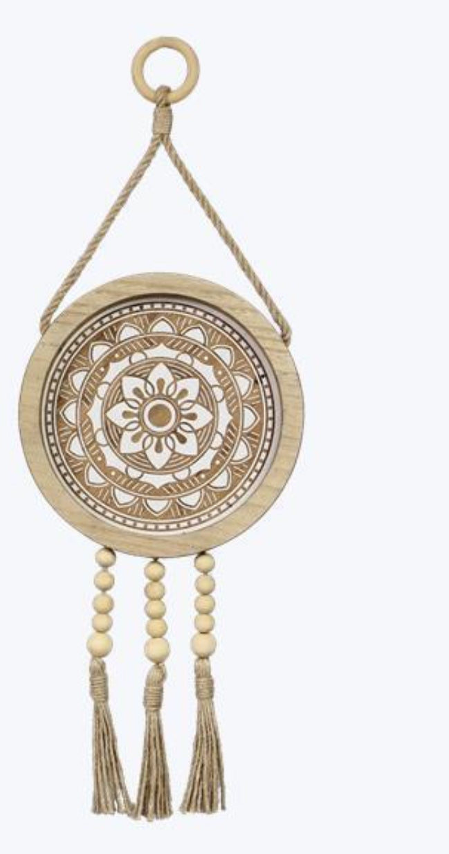 Wood Carved White Washed Beaded Tassel Wall Decor