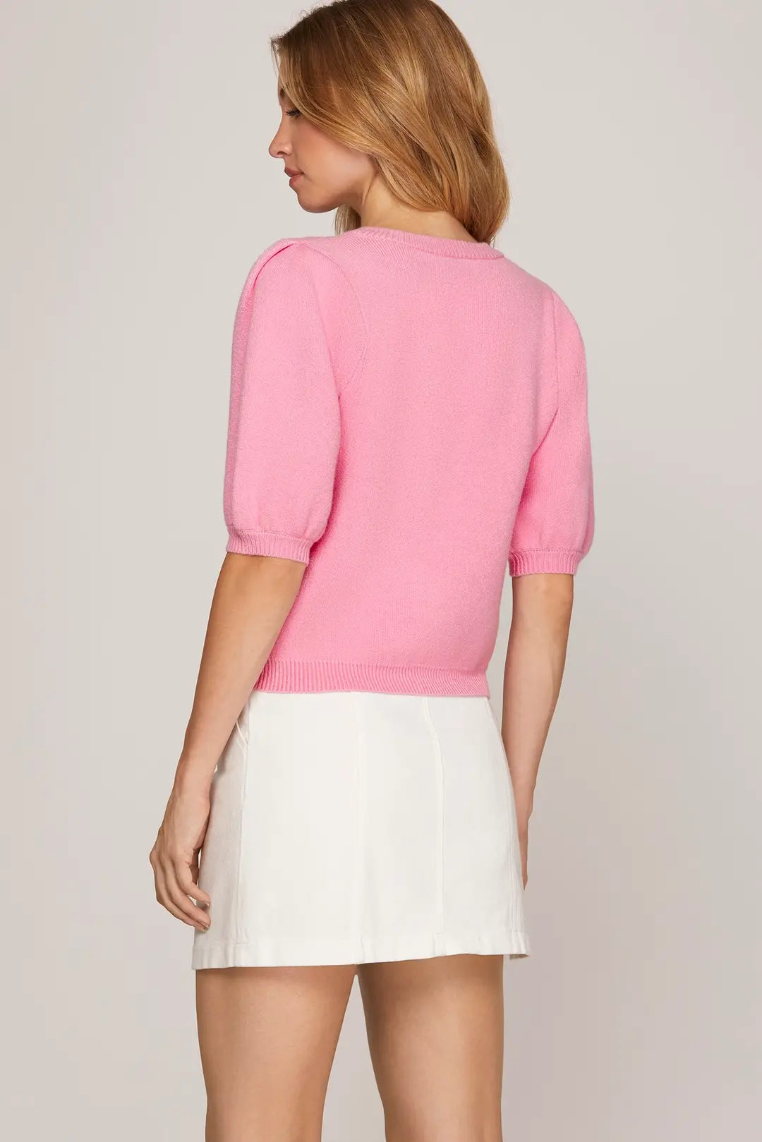 Short Puff Sleeve Sweater Top With Bows