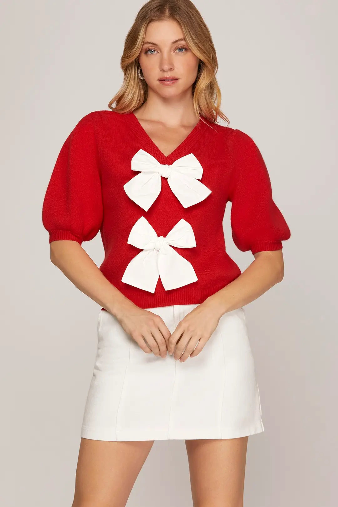 Short Puff Sleeve Sweater Top With Bows