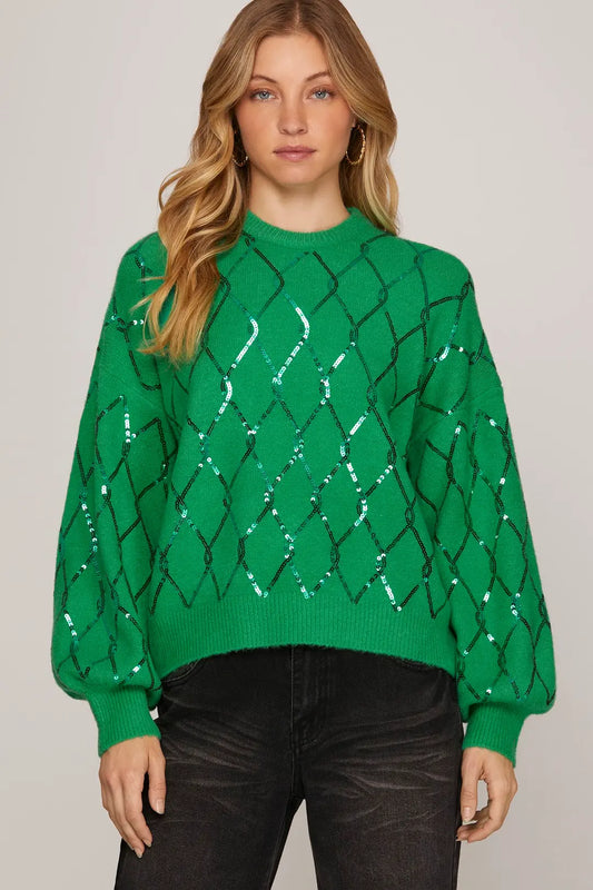 Green Sweater With Sequin Diamond Pattern