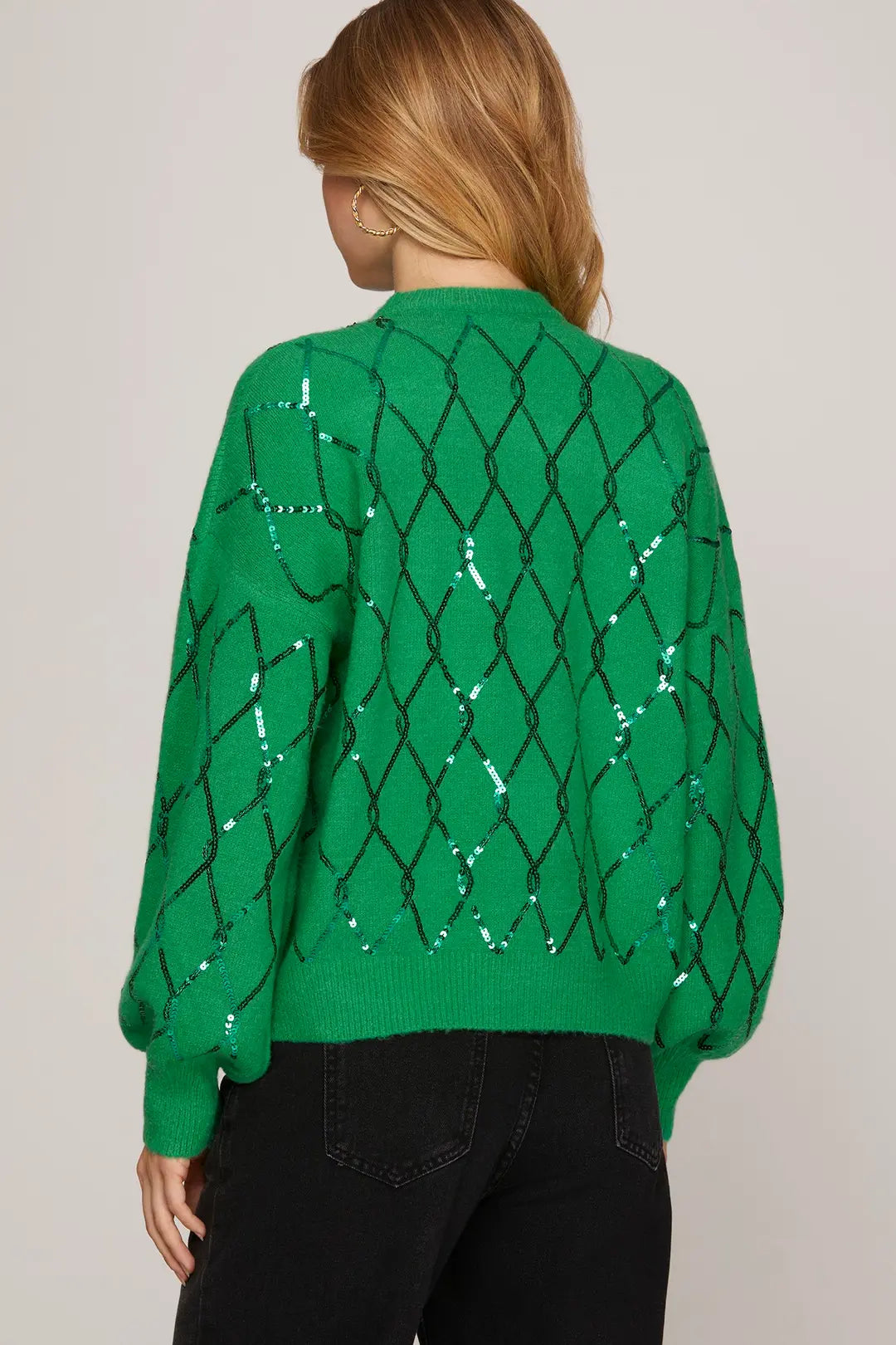 Green Sweater With Sequin Diamond Pattern