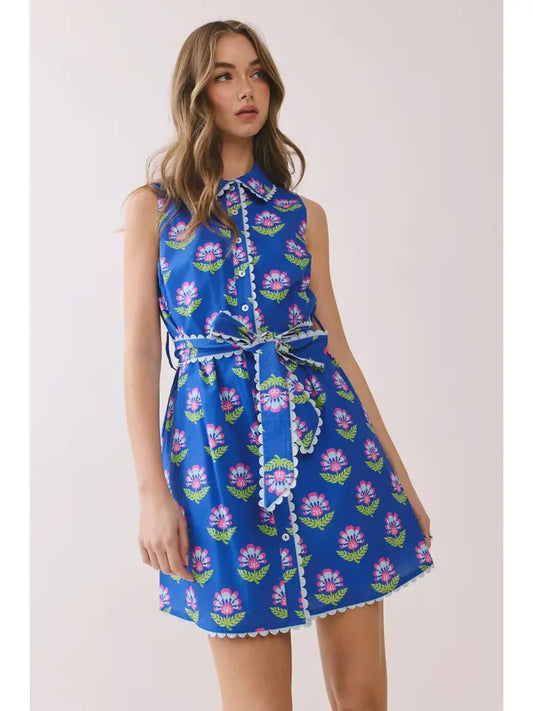 Blue Floral Print Scalloped Trim Detail Dress