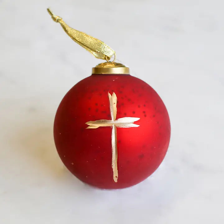 Red Glass Ball Ornament With Gold Cross