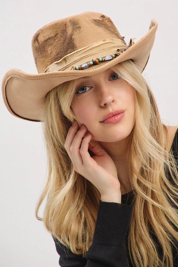 Distressed Western Beige Hat With Beads