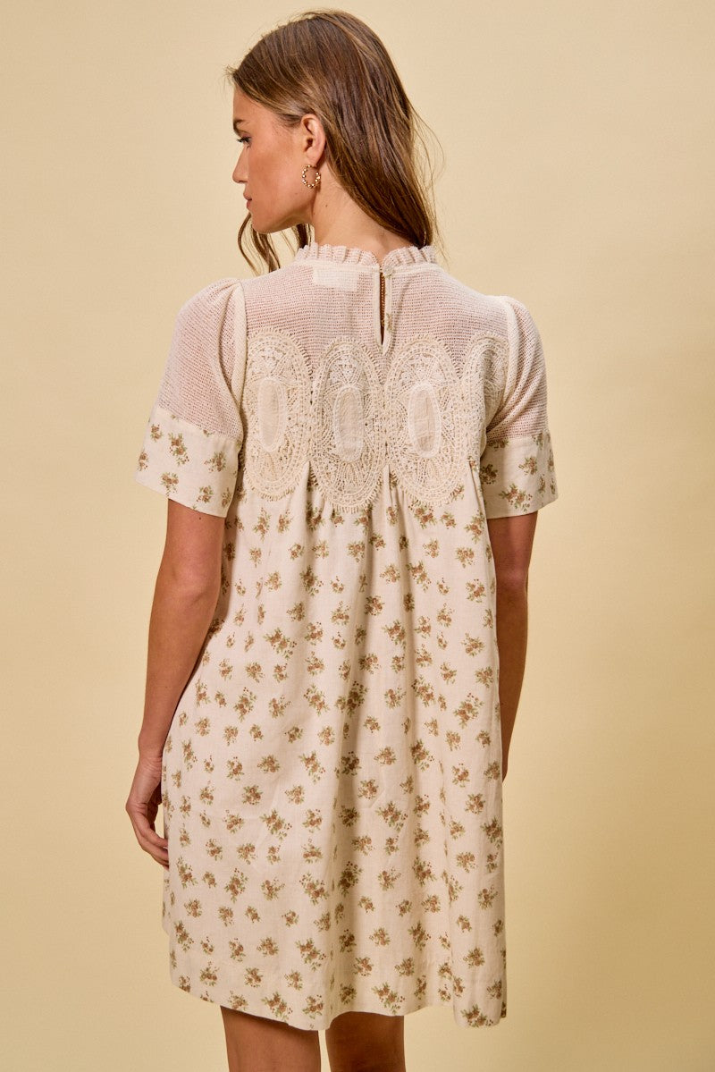 Floral Print Lace Trim Short Sleeves Mini Dress