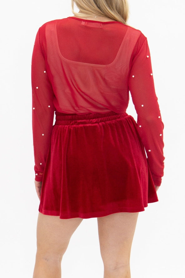 Velvet Skort with Pearl Details- Red