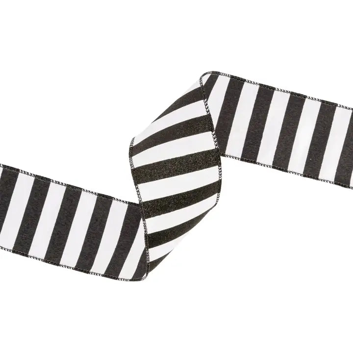 Black Glittered Stripes On White Wired Ribbon