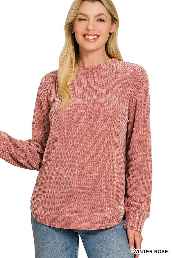 Chenille Waffle Round Neck Sweater Zenana