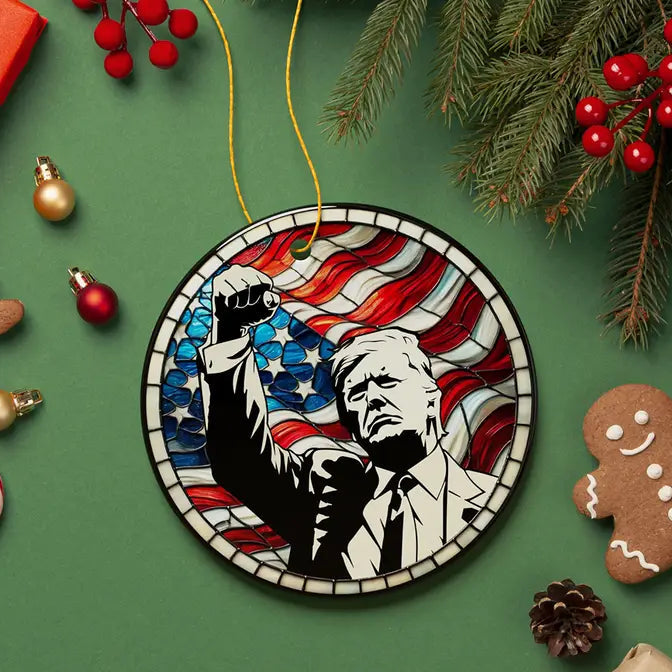 Trump with Raised Fist Stained Glass Christmas Ornament