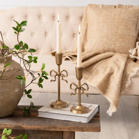 Gold Bow Taper Holder (Set of 2)