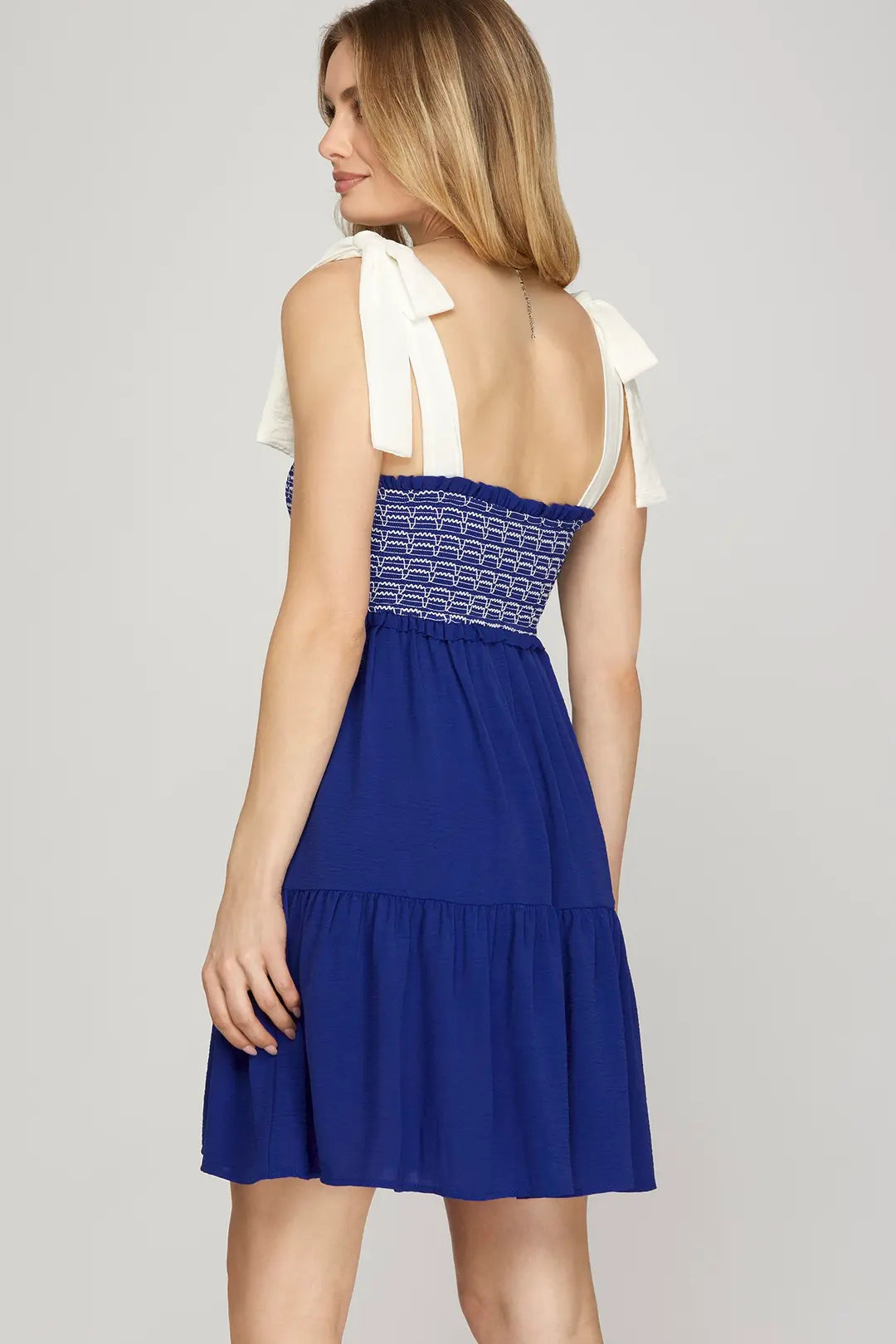 Game Day Shoulder Tie Smocked Tiered Mini Dress