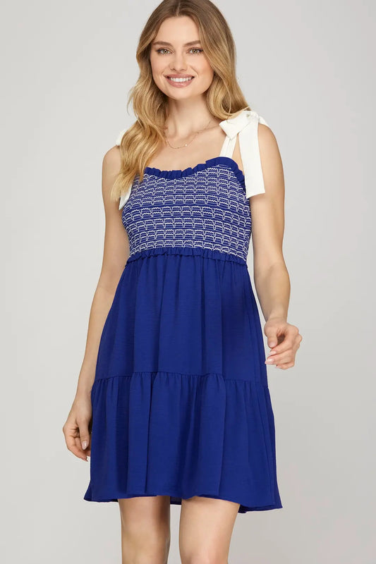 Game Day Shoulder Tie Smocked Tiered Mini Dress