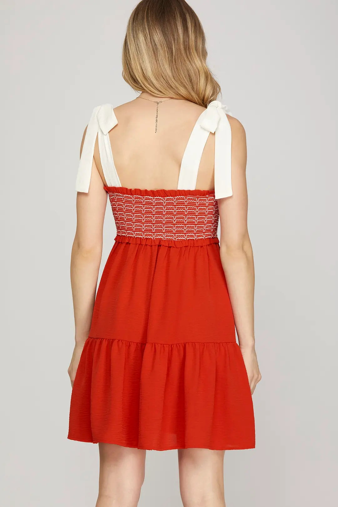 Game Day Shoulder Tie Smocked Tiered Mini Dress